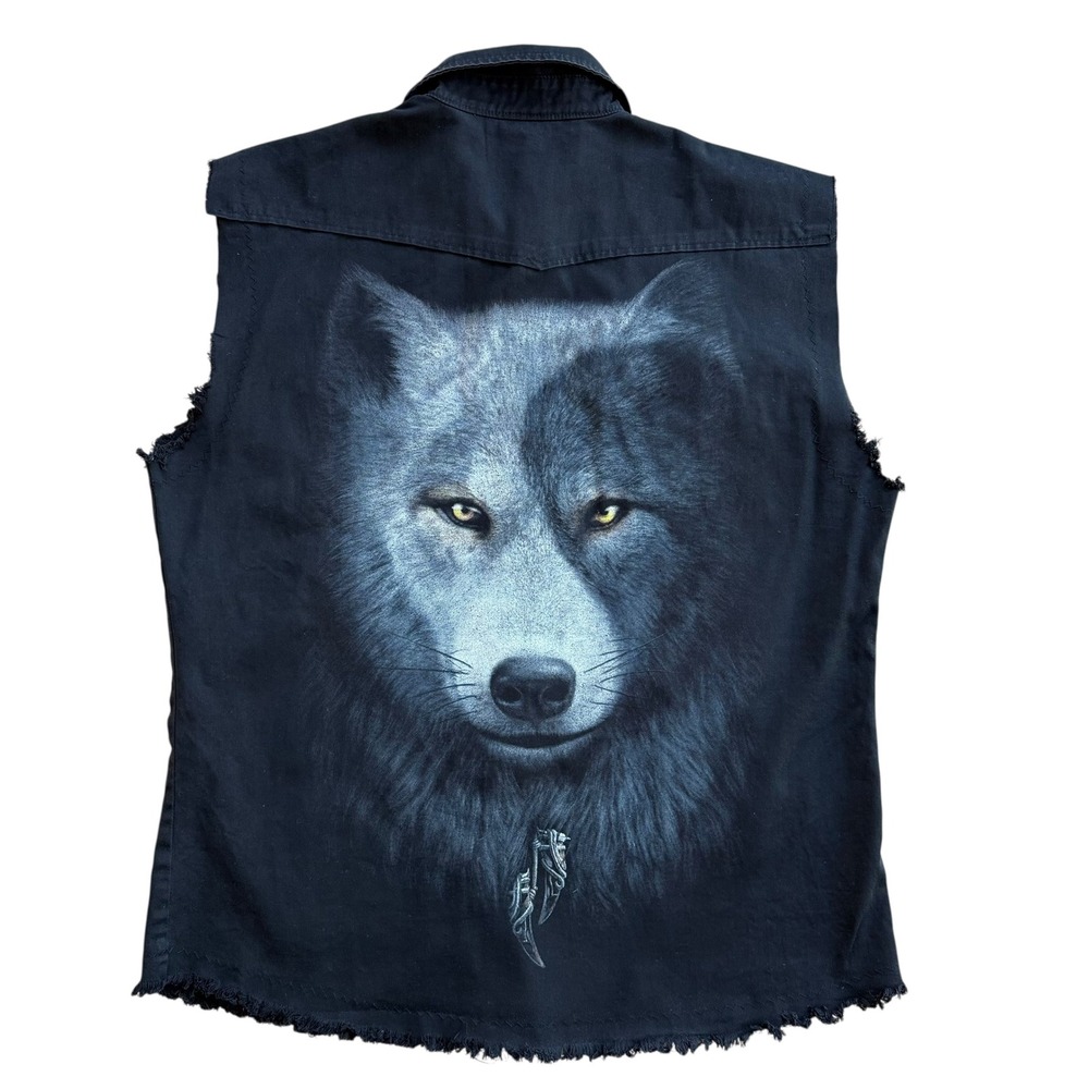 Spiral Direct Mens XXL Black Denim Wolf Vest Sleeveless Button Down Gothic Biker